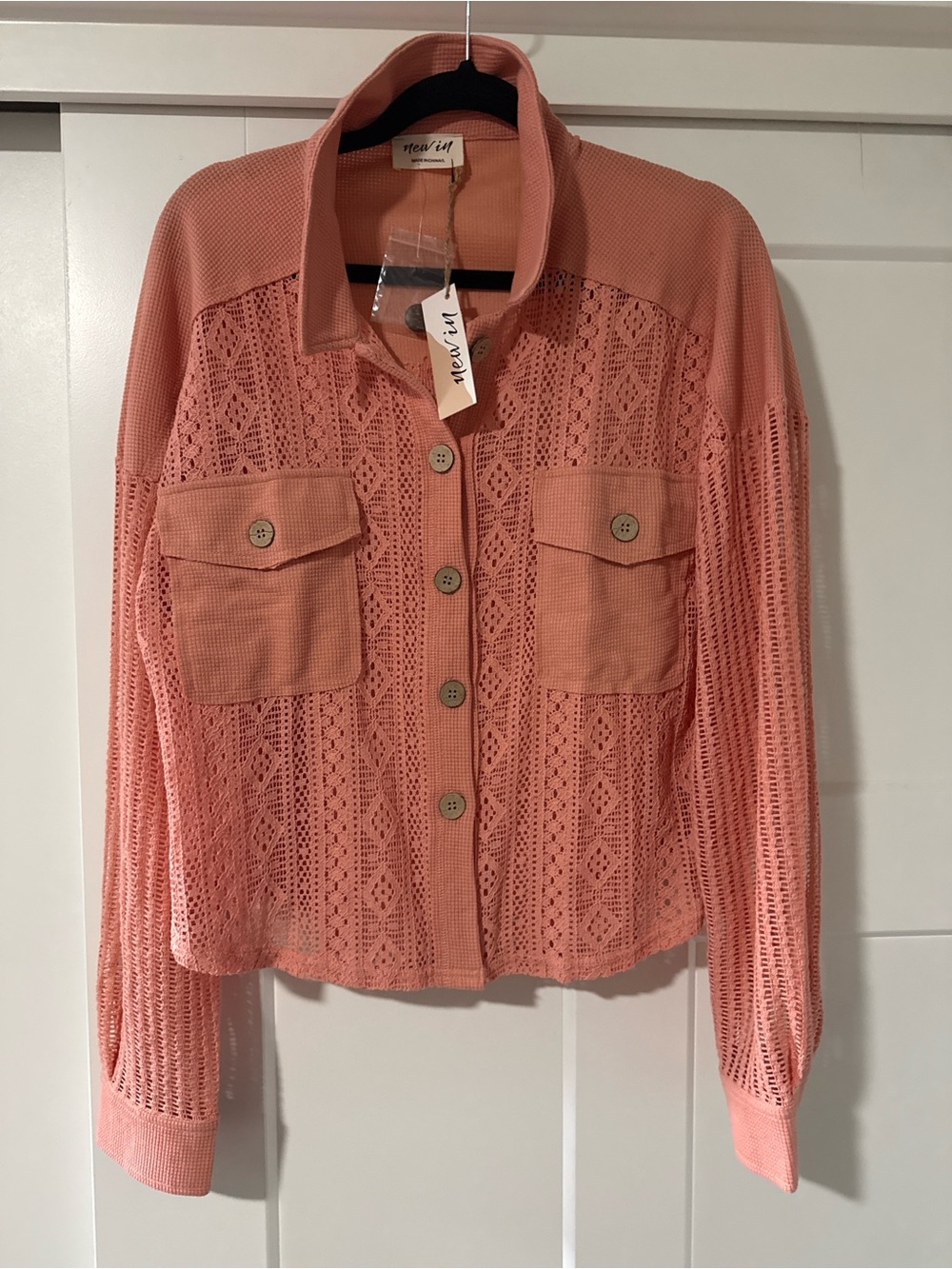 New In Crochet Button-Front Shirt Jacket in Coral